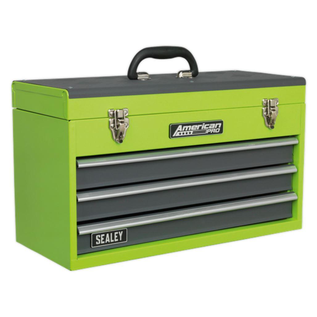 Sealey American Pro Tool Chest 3 Drawer Portable with Ball Bearing Slides - Hi-Vis Green/Grey AP9243BBHV - Tools 2U Direct SW