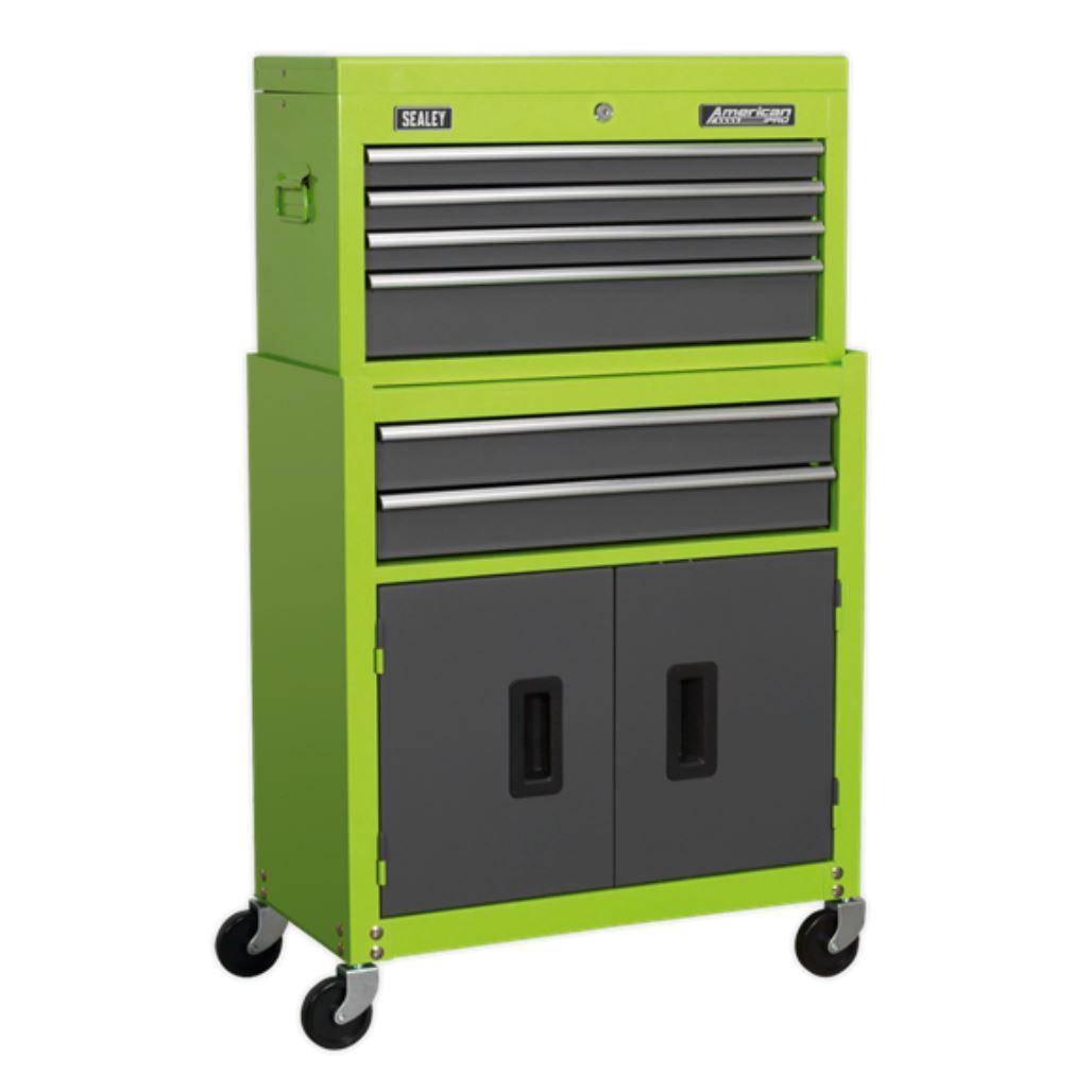 Sealey American Pro Topchest & Rollcab Combination 6 Drawer with Ball-Bearing Slides - Hi-Vis Green/Grey AP2200BBHV - Tools 2U Direct SW