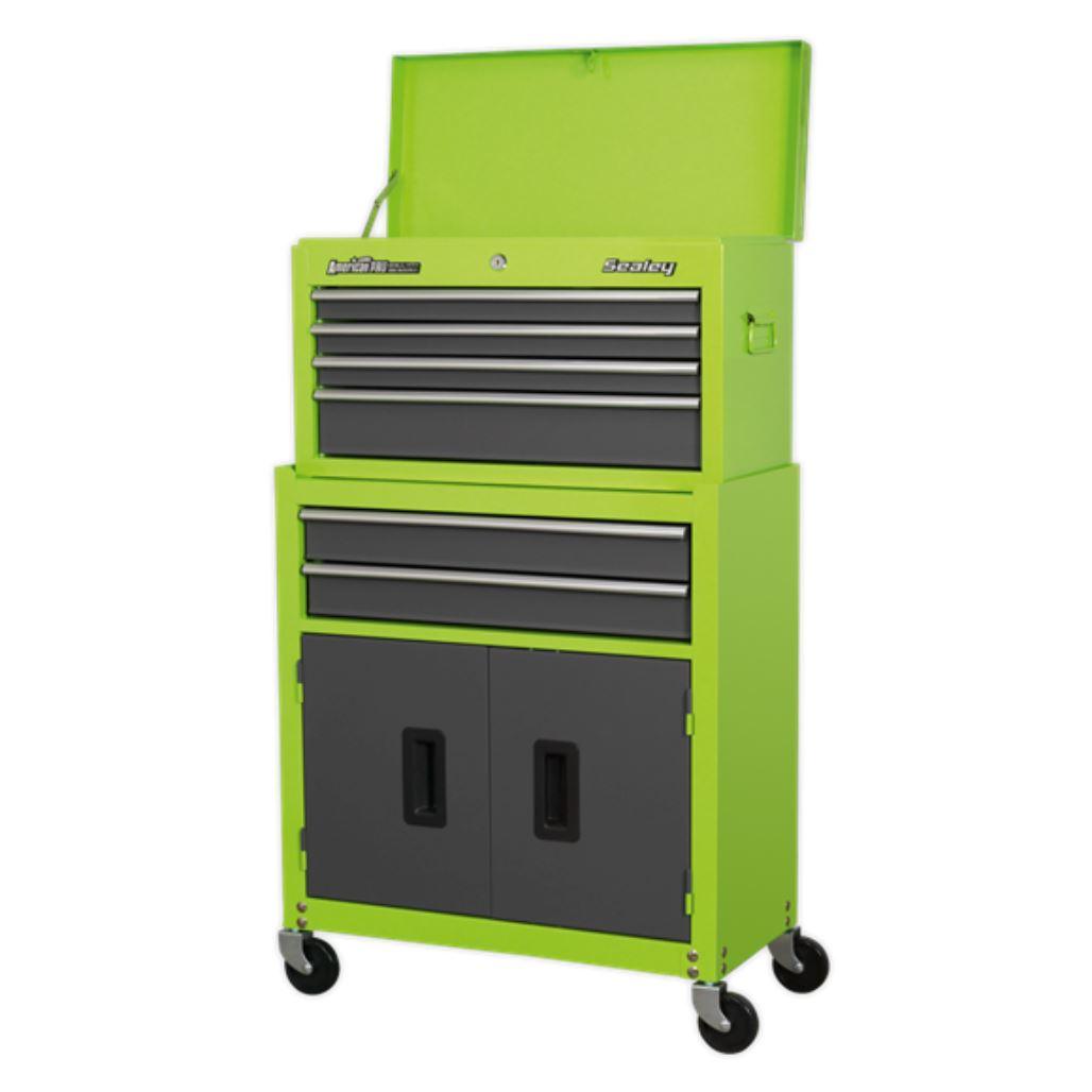 Sealey American Pro Topchest & Rollcab Combination 6 Drawer with Ball-Bearing Slides - Hi-Vis Green/Grey AP2200BBHV - Tools 2U Direct SW