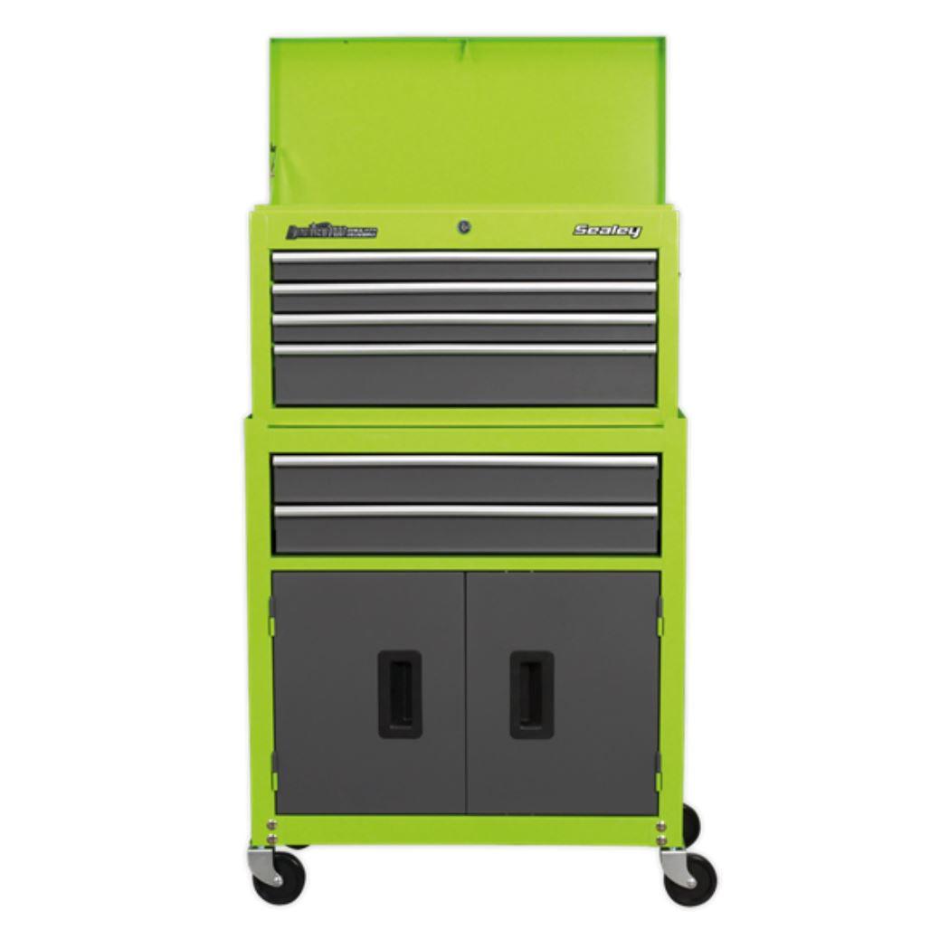 Sealey American Pro Topchest & Rollcab Combination 6 Drawer with Ball-Bearing Slides - Hi-Vis Green/Grey AP2200BBHV - Tools 2U Direct SW