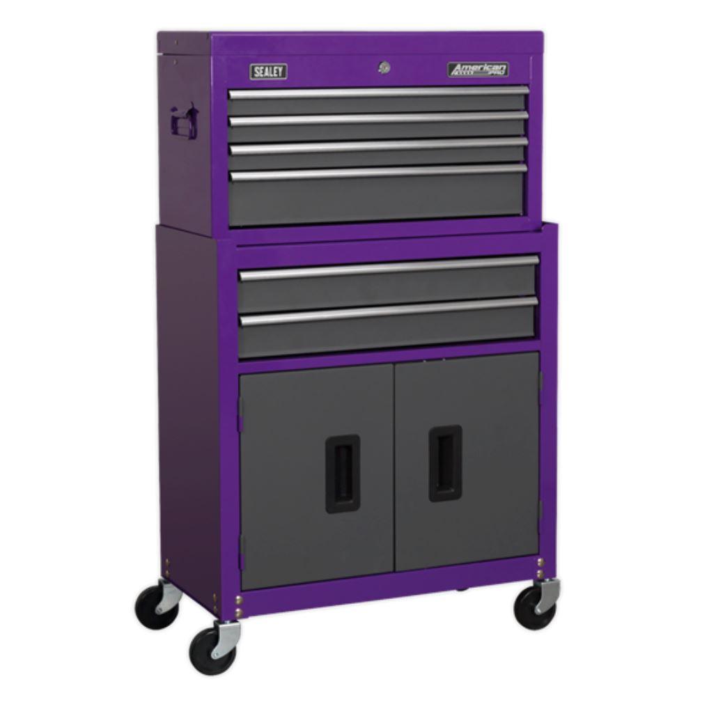 Sealey American Pro Topchest & Rollcab Combination 6 Drawer with Ball-Bearing Slides - Purple/Grey AP2200BBCP - Tools 2U Direct SW