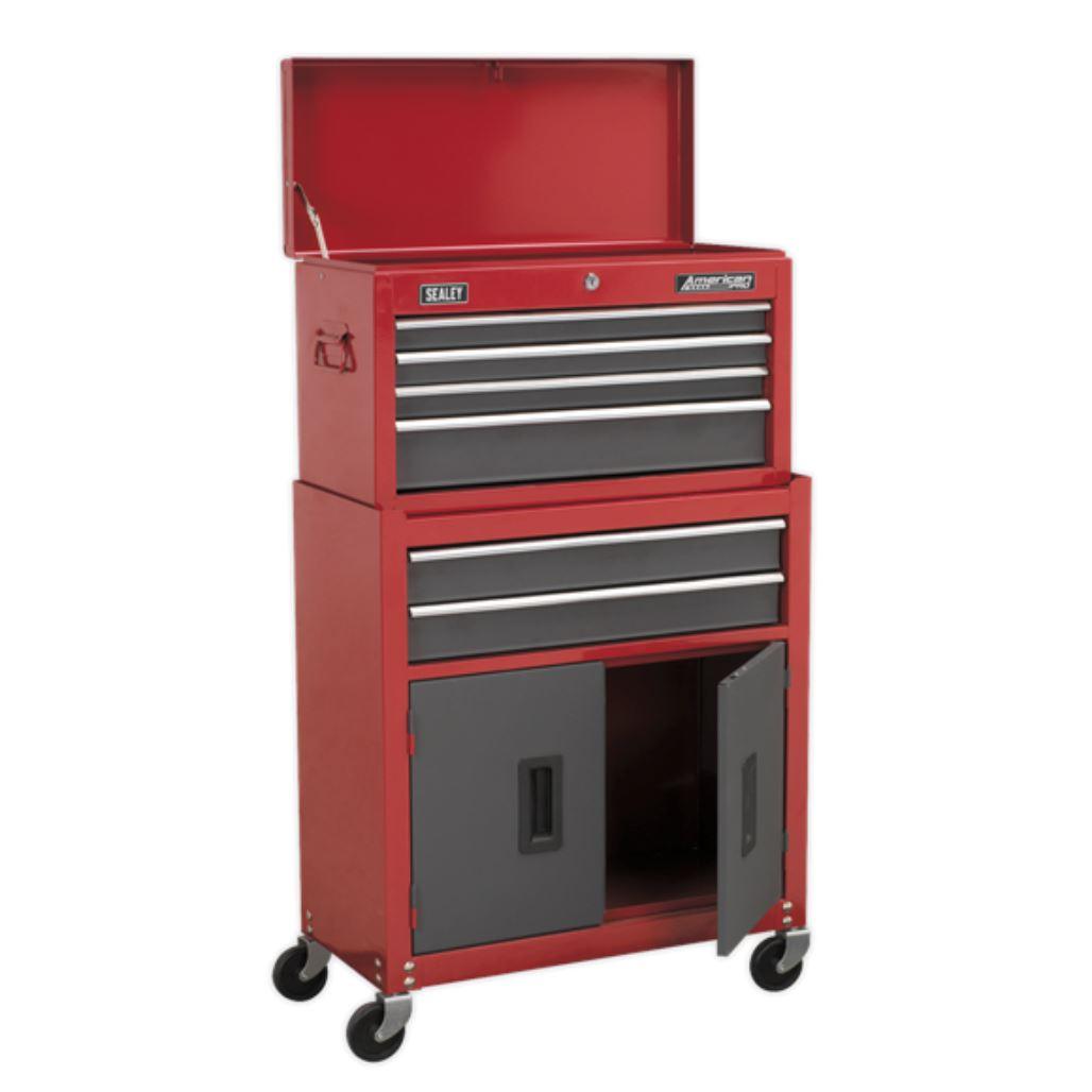 Sealey American Pro Topchest & Rollcab Combination 6 Drawer with Ball-Bearing Slides - Red/Grey AP2200BB - Tools 2U Direct SW