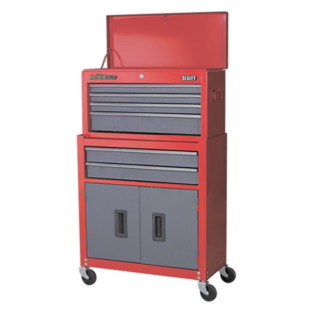 Sealey American Pro Topchest & Rollcab Combination 6 Drawer with Ball-Bearing Slides - Red/Grey AP2200BB - Tools 2U Direct SW