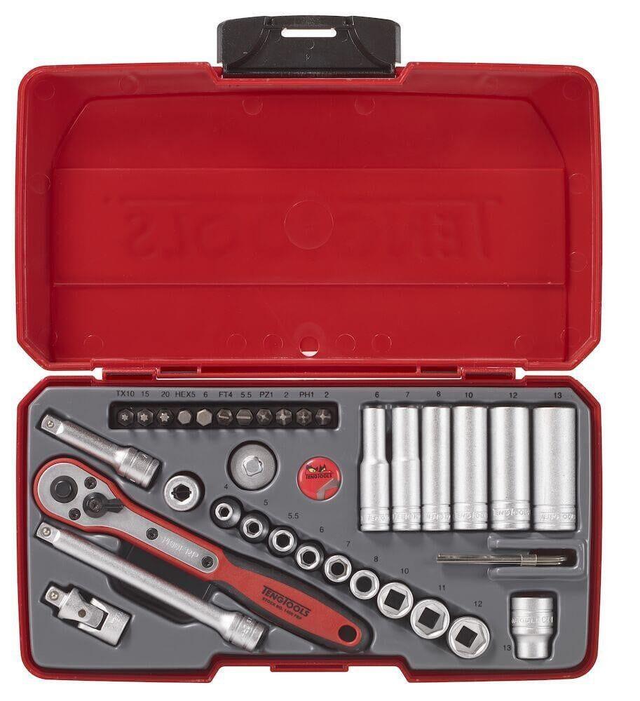 Teng Tools 36PC 1/4 Drive Deep & Regular Socket Ratchet Extension Tool Set + Case T1436 - Tools 2U Direct SW