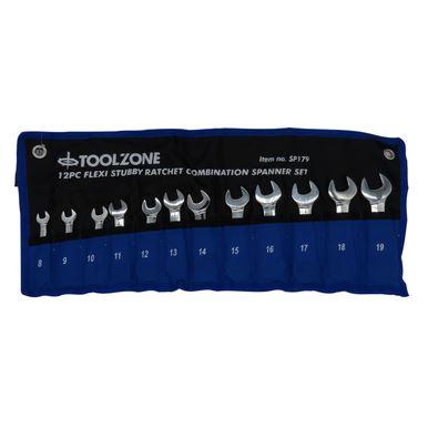 Toolzone 12 Pc Stubby Flexi Head Ratchet combi Spanner Set 8 - 19 mm, 72 Tooth SP179 - Tools 2U Direct SW