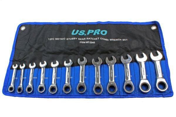 US PRO 12 Piece Metric Stubby Gear Ratchet Combination Spanner Set 8 - 19mm 2045 - Tools 2U Direct SW