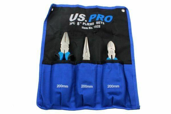 US PRO 3pc 8" Plier Set NI-FE Finish - Combination, Cutters, Long Nose 1828 - Tools 2U Direct SW