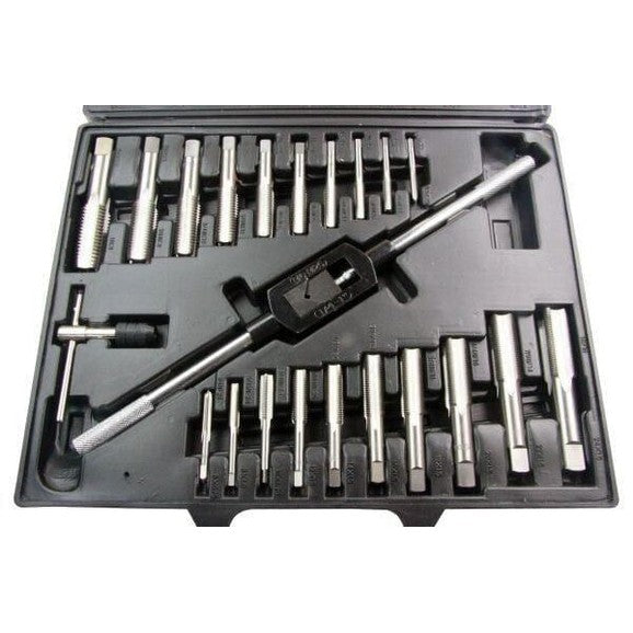 Metric tap and die set in black plastic case with various threading tools arranged neatly