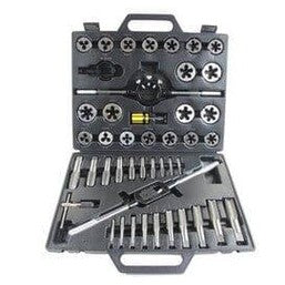 Metric tap and die set in black plastic case with assorted threading tools and handles