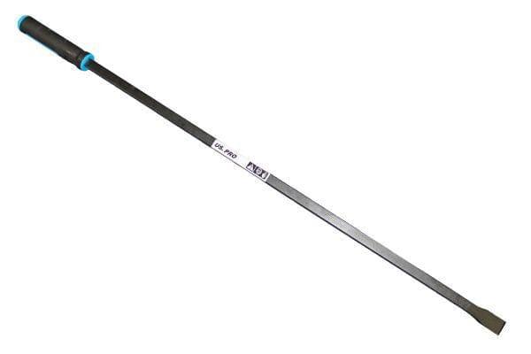 Heavy-duty straight pry bar with rubber handle and angled chisel tip on white background