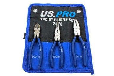 US PRO 8" 200mm 3pc Plier Set, Side Cutter, Long Nose, Combination Pliers 2070 - Tools 2U Direct SW