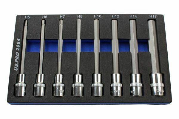 US PRO 8pc 1/2Dr 140mm Long Hex Bits Sockets Key Set Allen 5 - 17mm 2084 - Tools 2U Direct SW