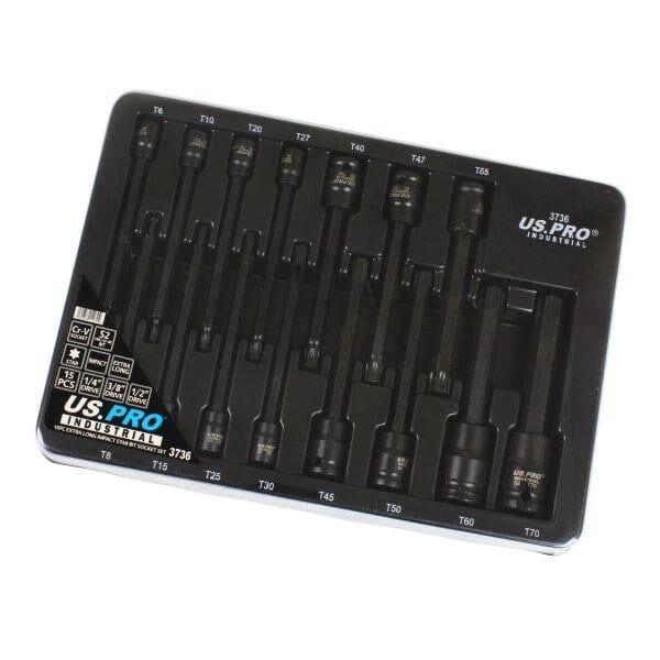 US PRO INDUSTRIAL 15pc Extra Long Impact Star Bit Socket Set T6 - T70 3736 - Tools 2U Direct SW