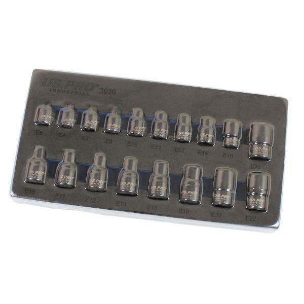 US PRO INDUSTRIAL 18pc 3/8" & 1/2" dr Impact E-Torx E-Star Sockets Set E5 - E24 3919 - Tools 2U Direct SW