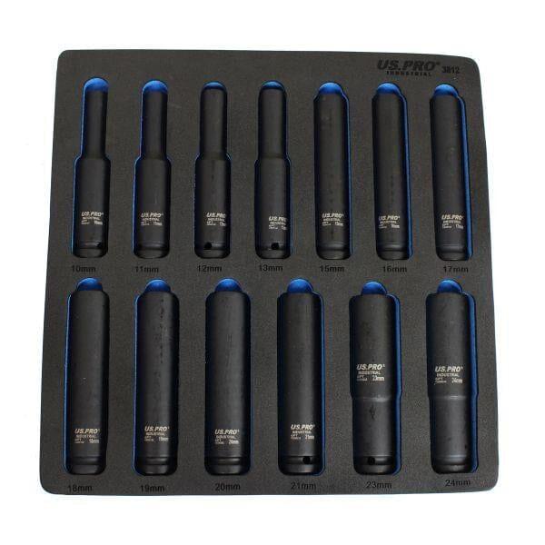 US PRO Industrial Extra Deep Impact Socket Set 1/2"Dr 13pc 10mm - 24mm 6pt Long Sockets 3812 - Tools 2U Direct SW