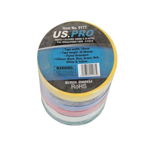 US PRO Mixed Colours 19MM X 20 Meters PVC Insulation Tape 6 Pack 917 - Tools 2U Direct SW