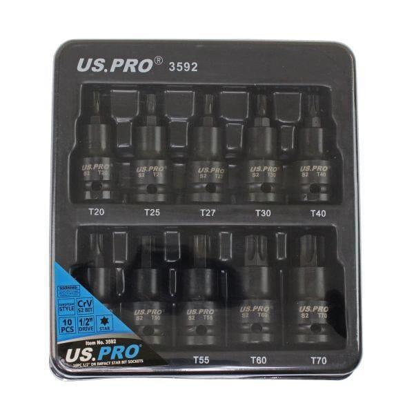 US PRO Tools 10PC 1/2" DR Torx Impact Star Bit Socket Set T20 - T70 3592 - Tools 2U Direct SW