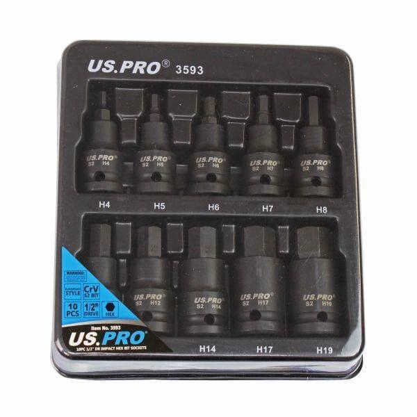 US PRO Tools 10pc Impact Hex Bit Socket Set 1/2" Drive 4mm To 19mm 3593 - Tools 2U Direct SW