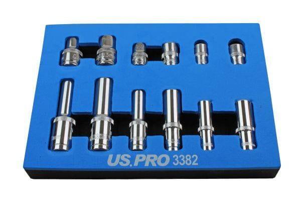 US PRO Tools 12pc 1/4 3/8 1/2 dr 10mm & 13mm 6pt Shallow & Deep Sockets 3382 - Tools 2U Direct SW