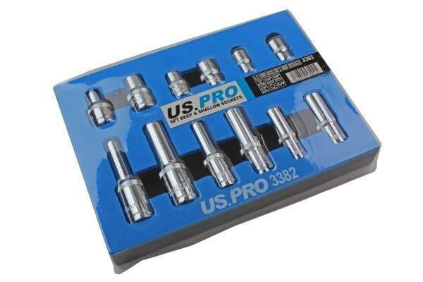 US PRO Tools 12pc 1/4 3/8 1/2 dr 10mm & 13mm 6pt Shallow & Deep Sockets 3382 - Tools 2U Direct SW