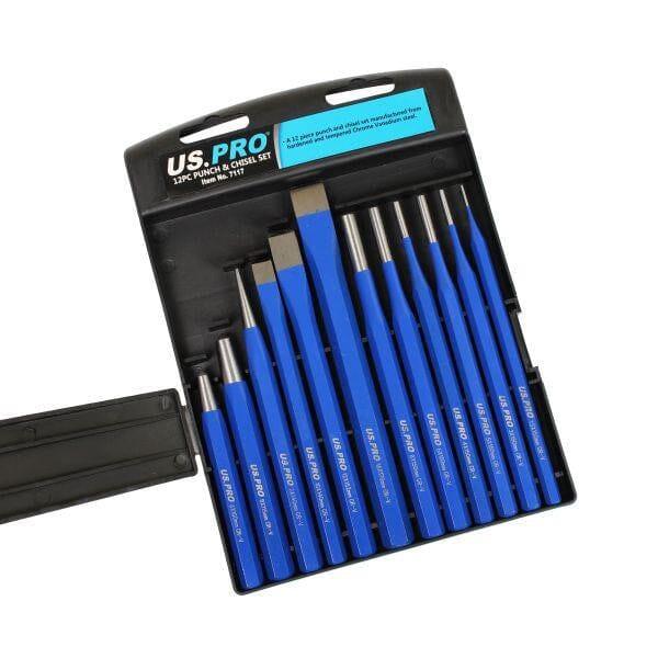 US PRO Tools 12pc Punch & Chisel Set Centre Long Tapered Punches Cold Chisels 7117 - Tools 2U Direct SW