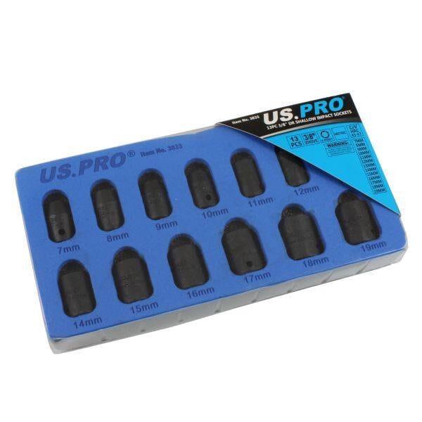 US PRO Tools 13pc 3/8" Drive Shallow Impact Socket Set 7mm-19mm 6 Point 3833 - Tools 2U Direct SW