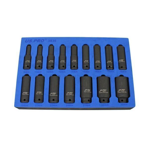 US PRO Tools 16PC 1/2" Deep Impact Sockets In EVA Foam 6PT 10 - 32mm 3836 - Tools 2U Direct SW