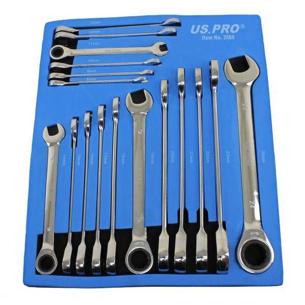 US PRO Tools 17pc 8mm-24mm Metric Gear Ratchet Wrench Spanner Set Eva Foam Tray 3566 - Tools 2U Direct SW