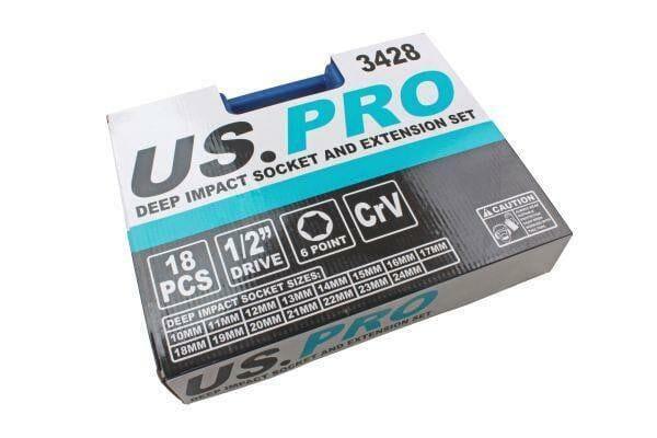 US PRO Tools 18PC 1/2" DR Deep impact Sockets 10 - 24mm And Extension Bar Set 3428 - Tools 2U Direct SW