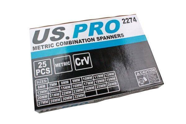 US PRO Tools 25pc Metric Combination Spanner Set 6 - 32mm In Foam Tray 2274 - Tools 2U Direct SW