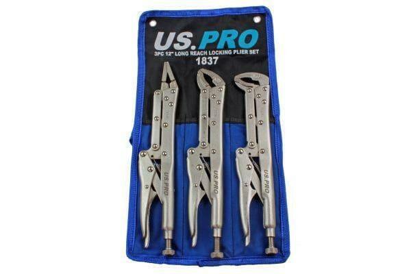 US PRO Tools 3 Piece 12" Flat & Curved Jaw Long Reach Locking Mole Grip Pliers 1837 - Tools 2U Direct SW