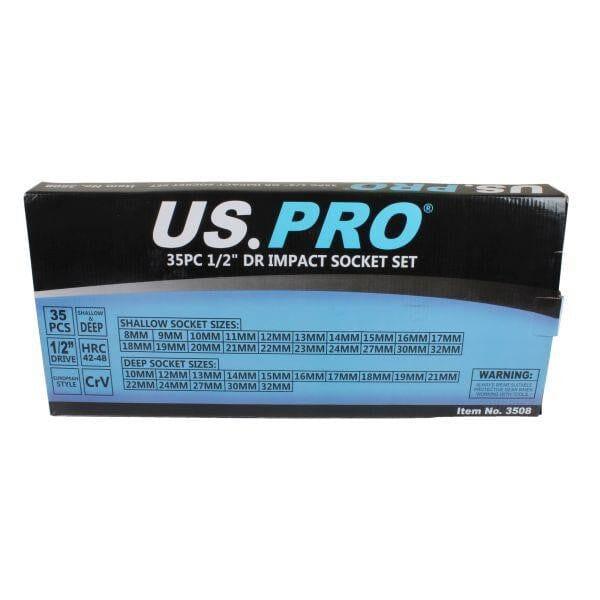 US PRO Tools 35pc 1/2" Dr 6 Point Deep & Shallow Impact Sockets Set In EVA Foam 3508 - Tools 2U Direct SW