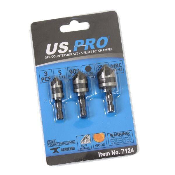 US PRO Tools 3PC Countersink Set 5 Flute 90° Chamfer Drill Bit Set 7124 - Tools 2U Direct SW