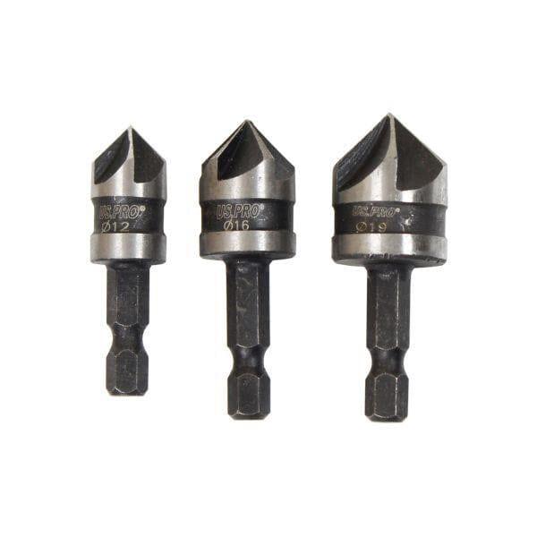 US PRO Tools 3PC Countersink Set 5 Flute 90° Chamfer Drill Bit Set 7124 - Tools 2U Direct SW