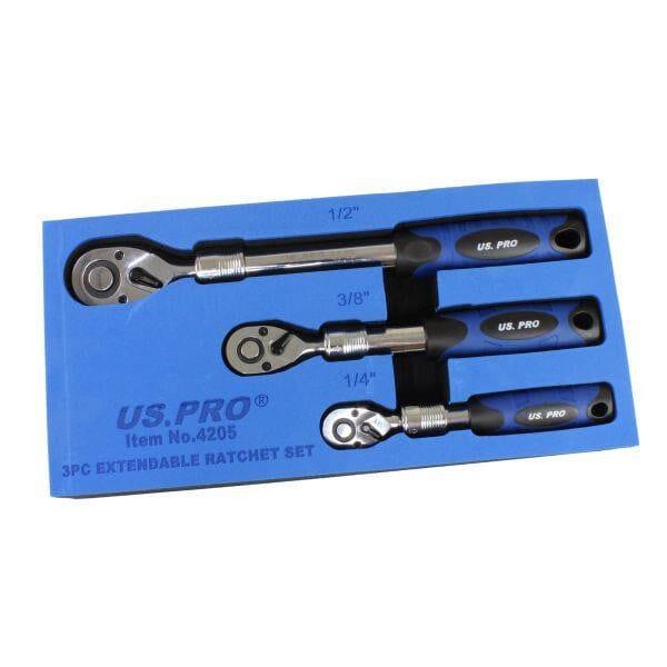 US PRO Tools 3pc Extendable Ratchet Set 1/4" 3/8" 1/2" Drives In Foam Tray 4205 - Tools 2U Direct SW