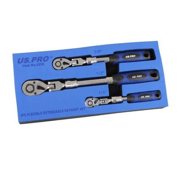 US PRO Tools 3pc Flexible Extendable Ratchet Set 1/4", 3/8" & 1/2" Drives 4206 - Tools 2U Direct SW