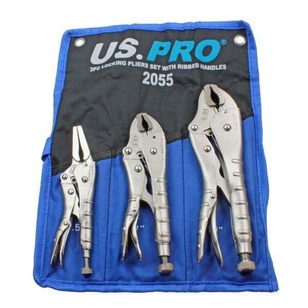 US PRO Tools 3pc Locking Pliers Set With Ribbed Handles 6", 7", 10" Mole Grips 2055 - Tools 2U Direct SW