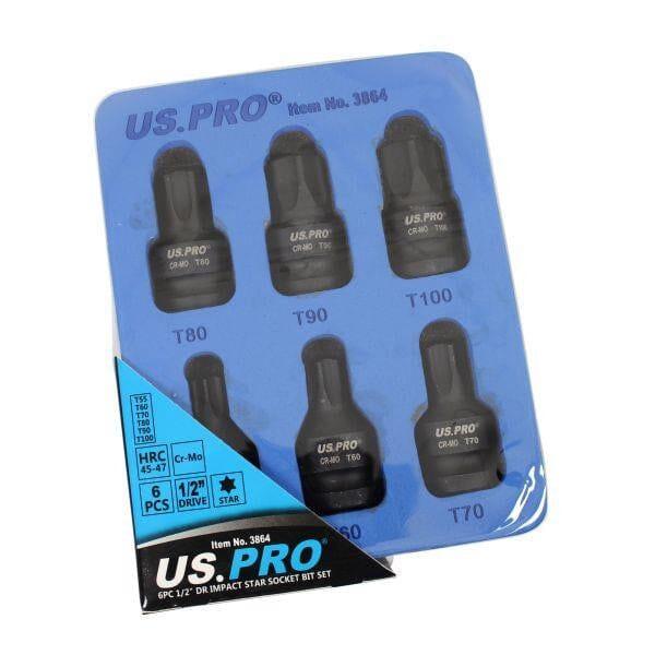 US PRO Tools 6pc 1/2" DR Impact Star Torx Bit Socket Set T55 T60 T70 T80 T90 T100 3864 - Tools 2U Direct SW