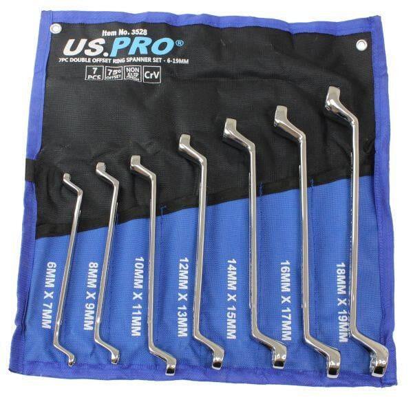 US PRO Tools 7 Piece Double Offset Ring Spanner Wrench Set 6 - 19MM 75DEG 3528 - Tools 2U Direct SW