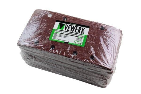 Pack of Vewerk 120 grit sanding sheets, 93mm x 190mm, hook and loop, 100 pieces, sealed in plastic.