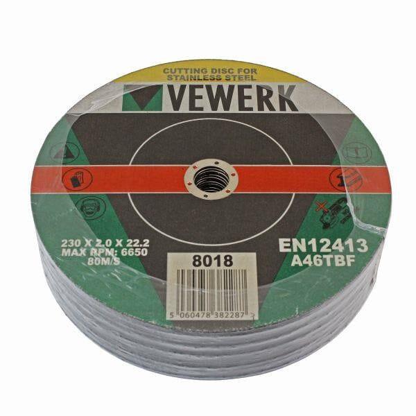 VEWERK 25 Pack of 230 x 2 x 22mm Metal Cutting Discs for Metals 8018 - Tools 2U Direct SW