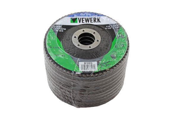 VEWERK Pack of 10 120 Grit Oxide Flap Discs 115mm X 22.2mm 8169 - Tools 2U Direct SW