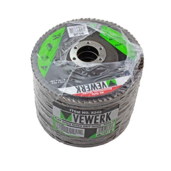 VEWERK Pack of 10 Mixed Flap Discs 40,60,80,120 Grit Oxide 115mm X 22.2mm 8242 - Tools 2U Direct SW