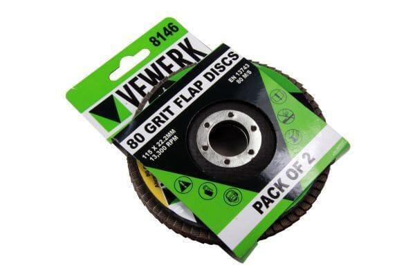 Vewerk Pack Of 2 Flap Discs 80 Grit Oxide 115 X 22.2 B8146 - Tools 2U Direct SW